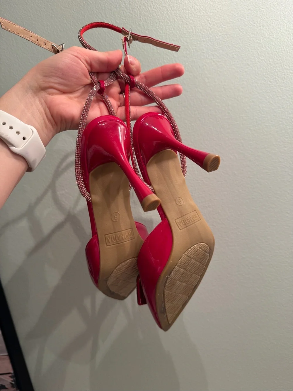TOP Moda Red Patent Pointed-Toe Ankle-Strap Pumps with Rhinestone Buckles